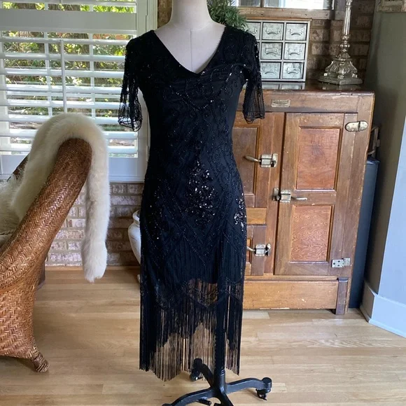 BABEYOND 1920s Fringed Sequin Art Deco Dress, Roaring 20s Party Flapper Dress Gatsby Outfits, Black, Size S